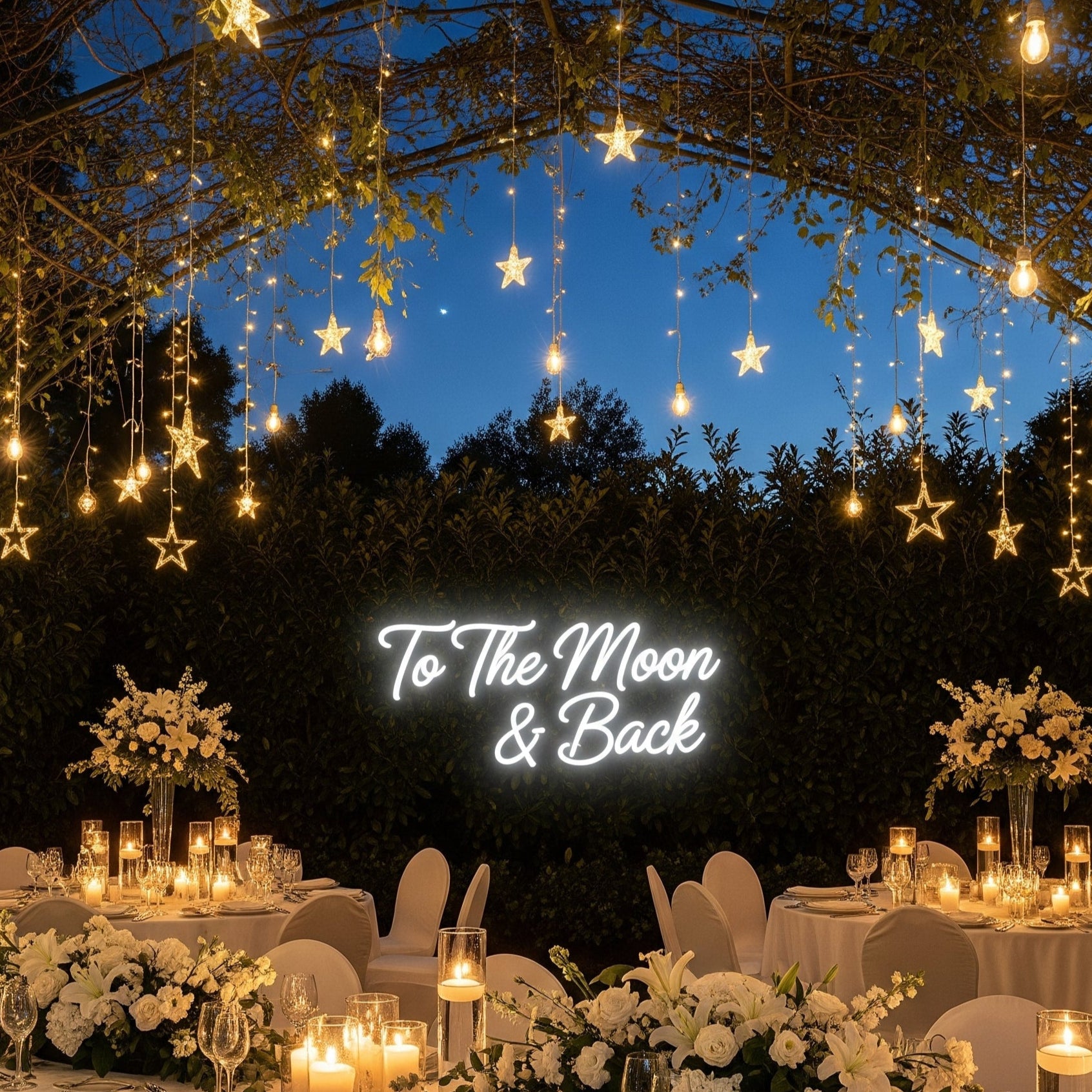 Outdoor wedding reception with 'To The Moon & Back' neon sign and star lights