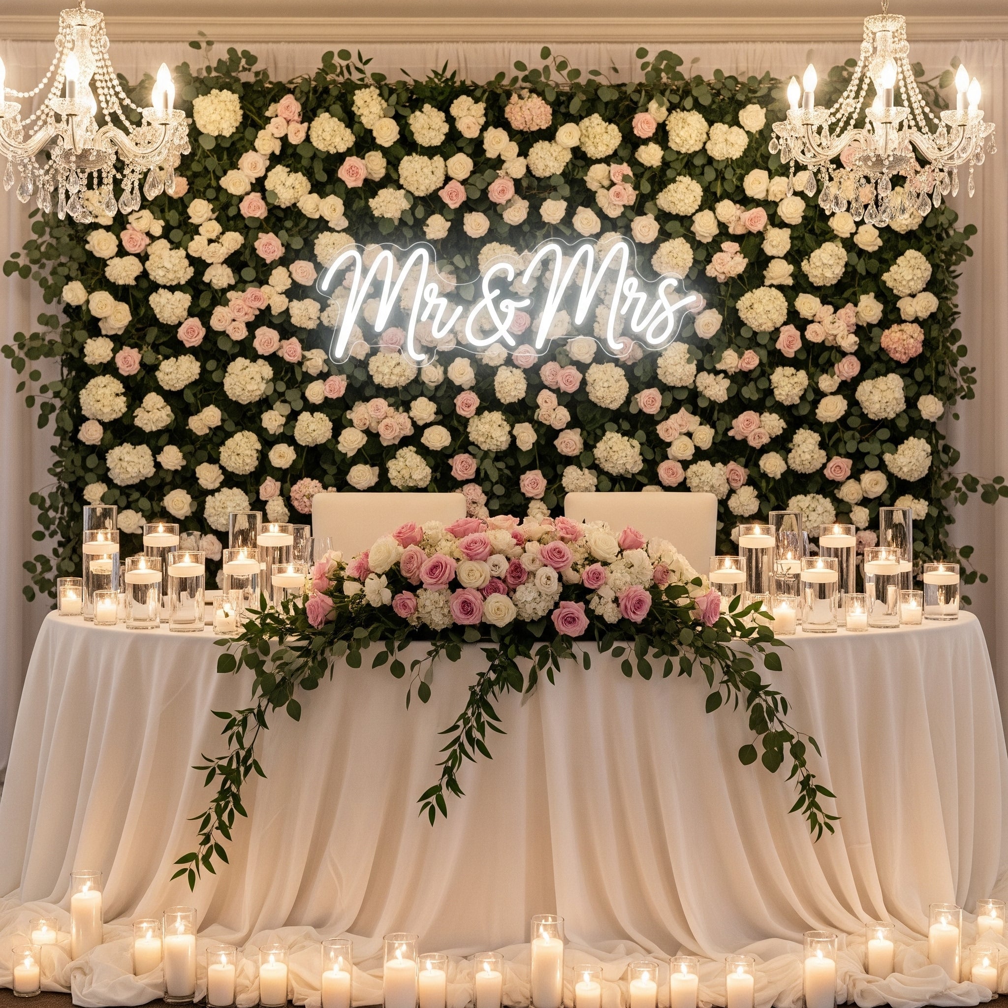 Sweetheart wedding table with 'Mr & Mrs' neon sign and floral wall