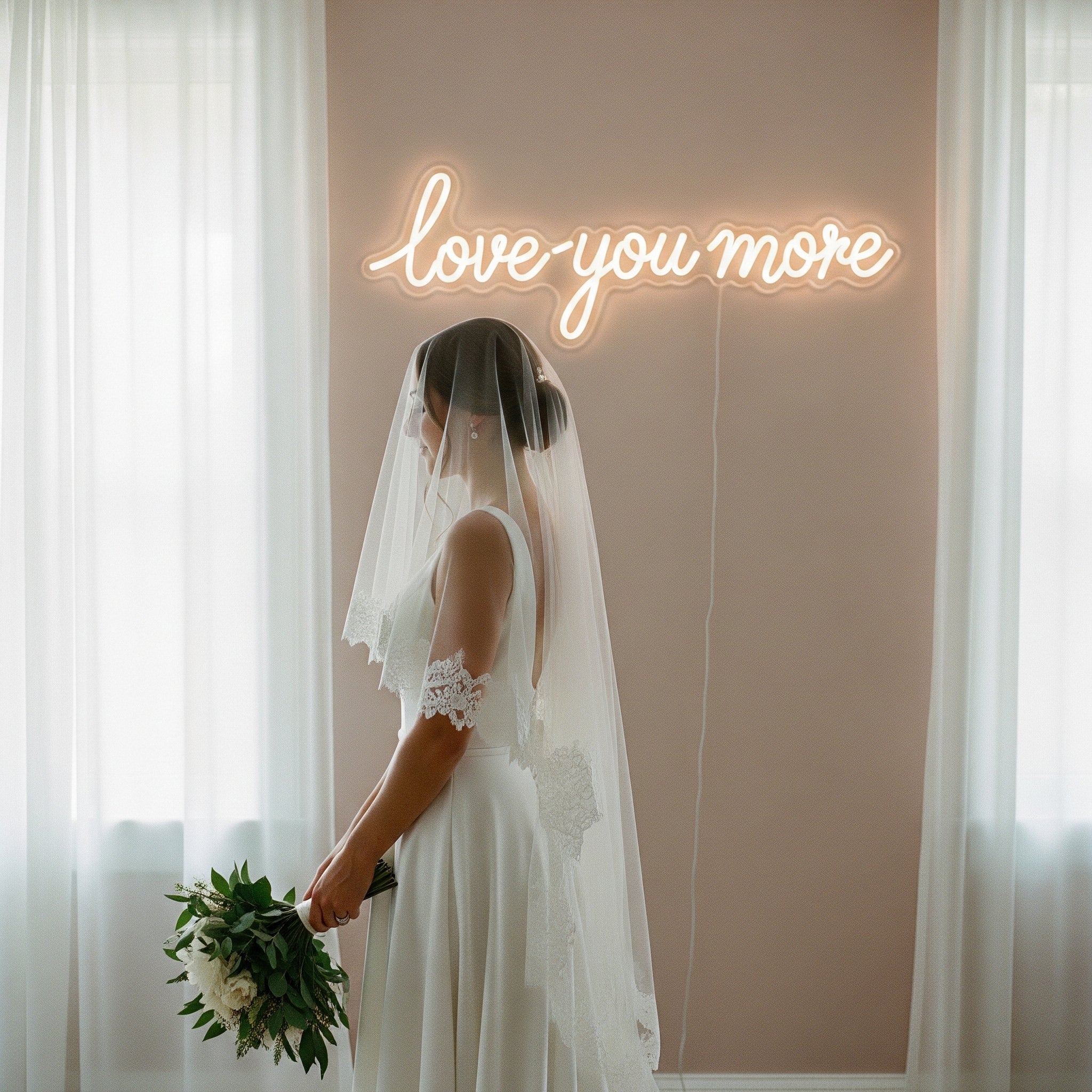 Bride in veil standing next to 'Love You More' neon sign in bridal suite
