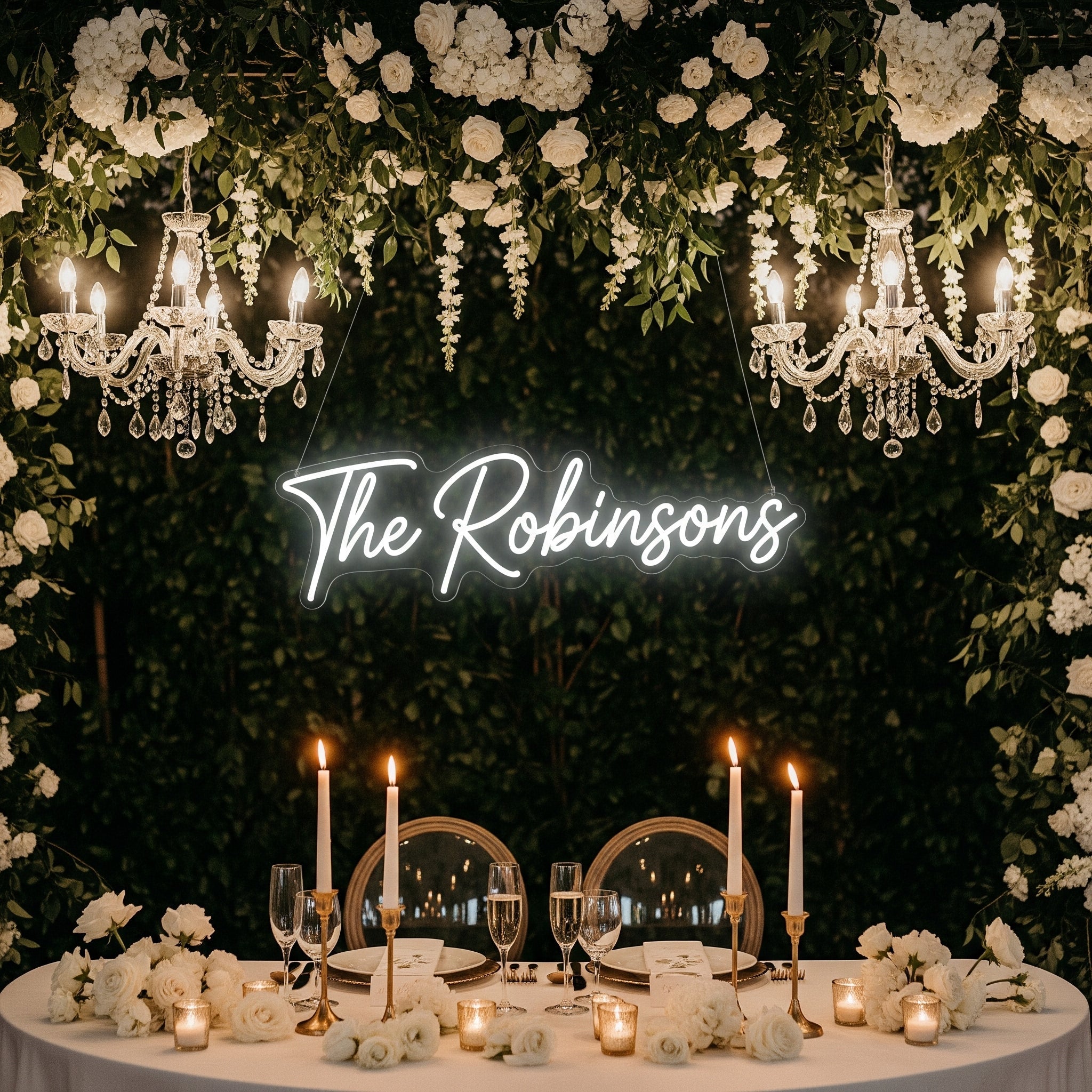 Elegant wedding reception table with 'The Robinsons' neon sign and chandeliers