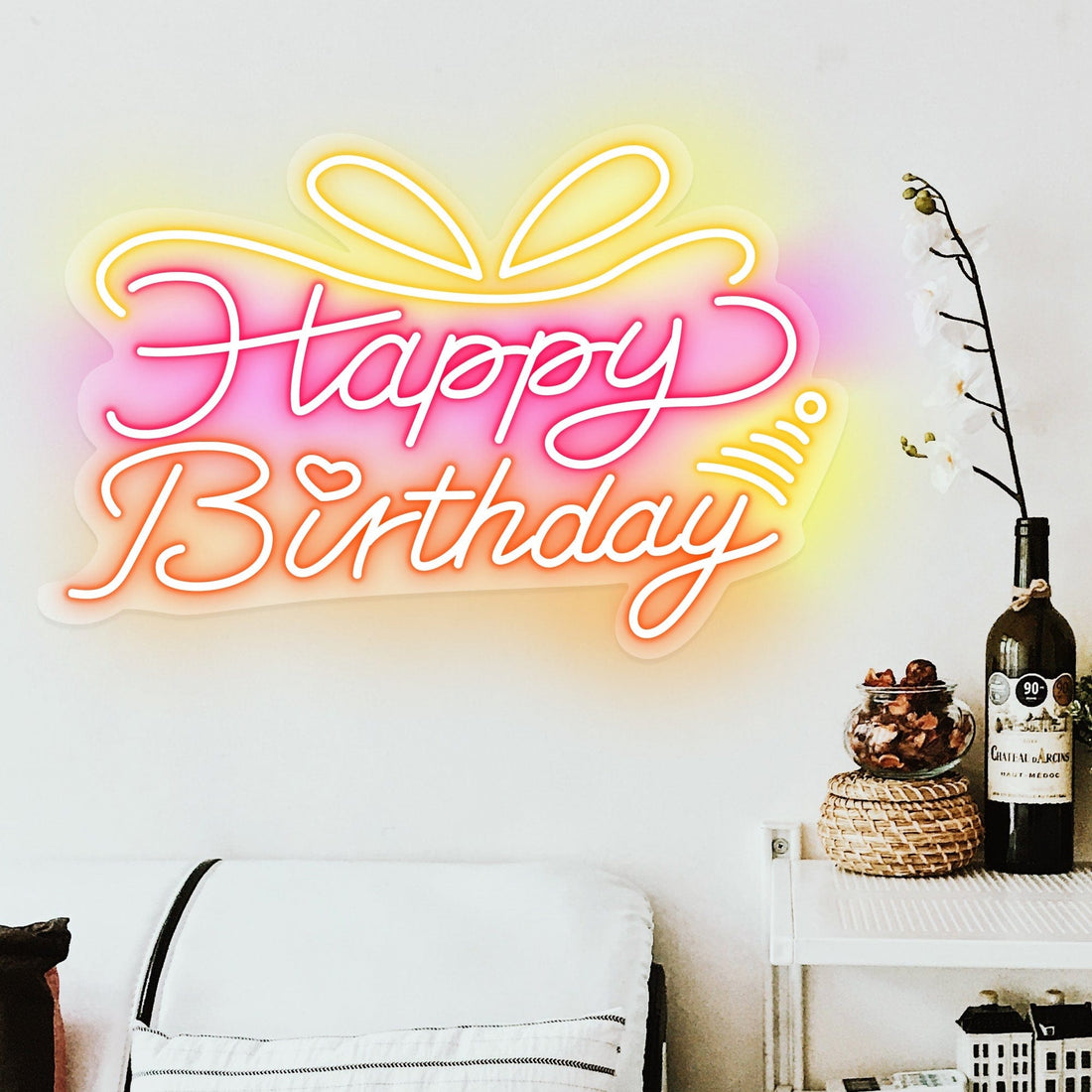 "Happy Birthday" Words & Ribbon Tie Neon Sign