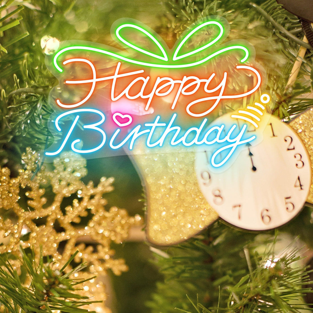 "Happy Birthday" Words & Ribbon Tie Neon Sign