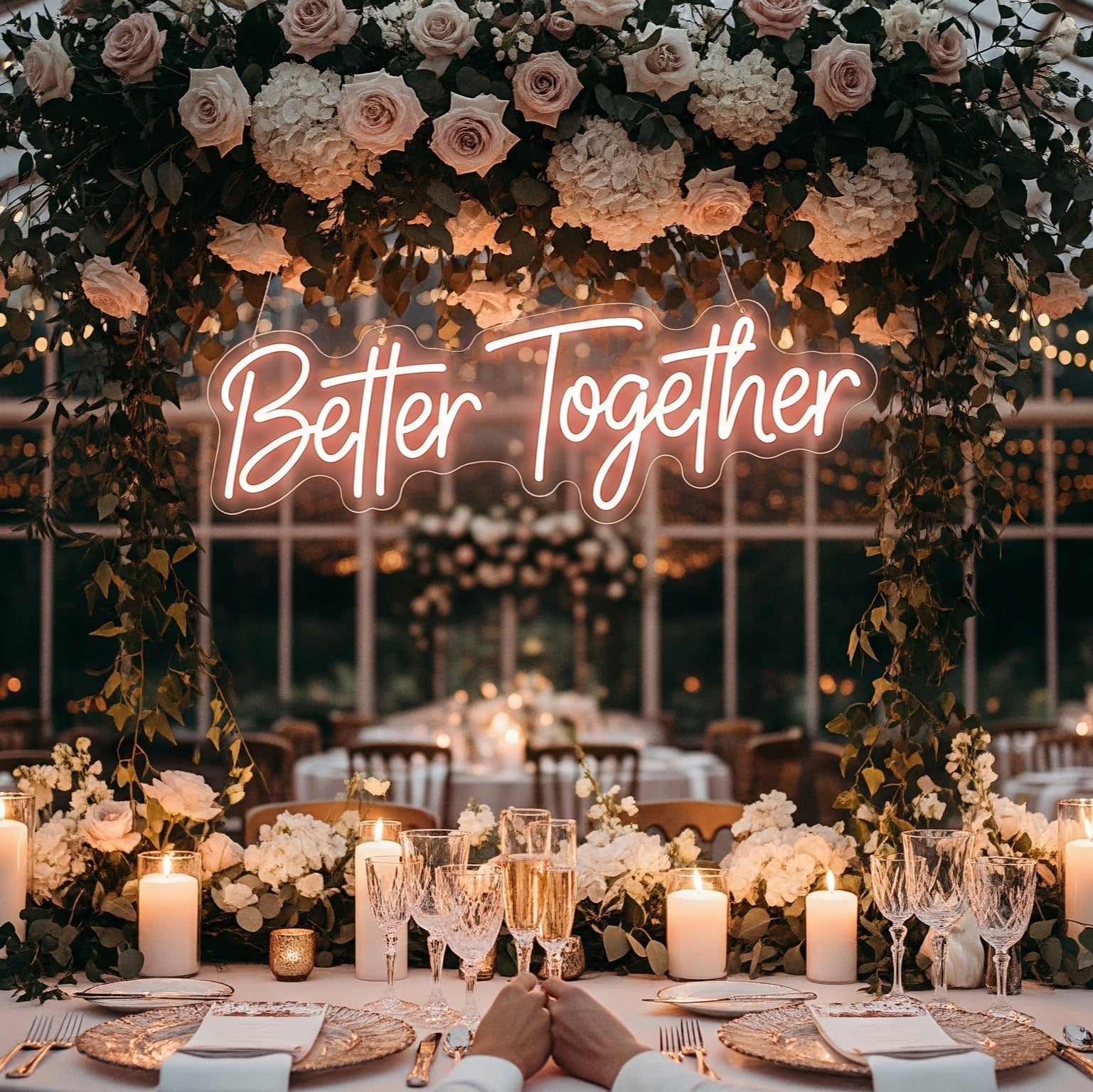 Indoor wedding reception with 'Better Together' neon sign and floral arch
