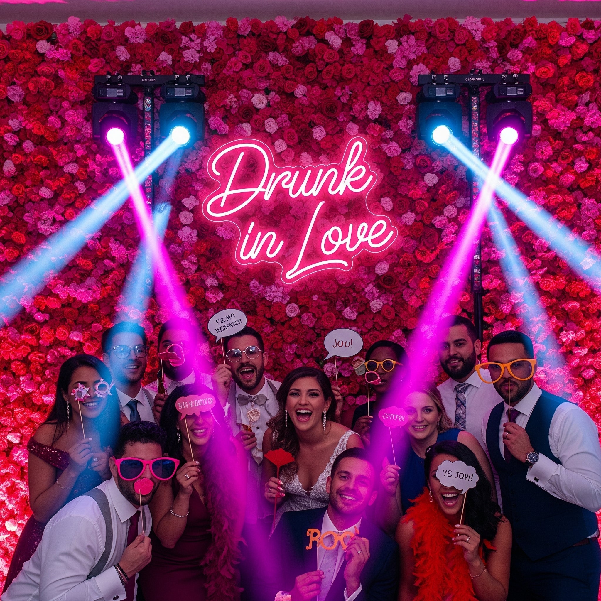 Wedding guests posing in front of 'Drunk in Love' neon sign on rose wall
