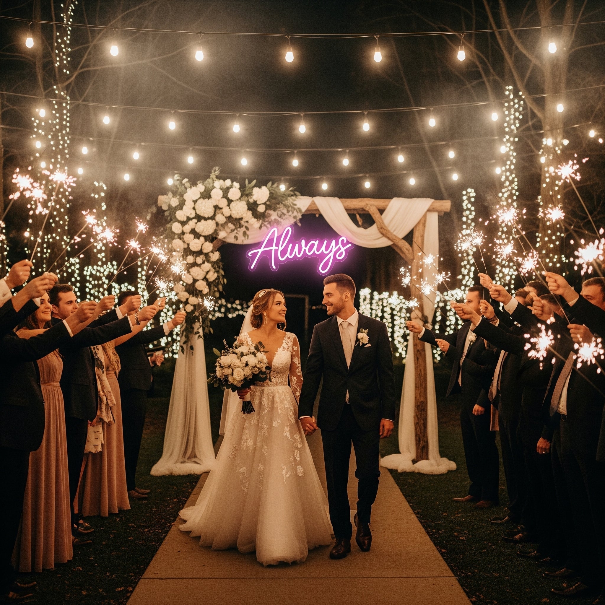 Couple walking through sparkler tunnel with 'Always' neon sign in background