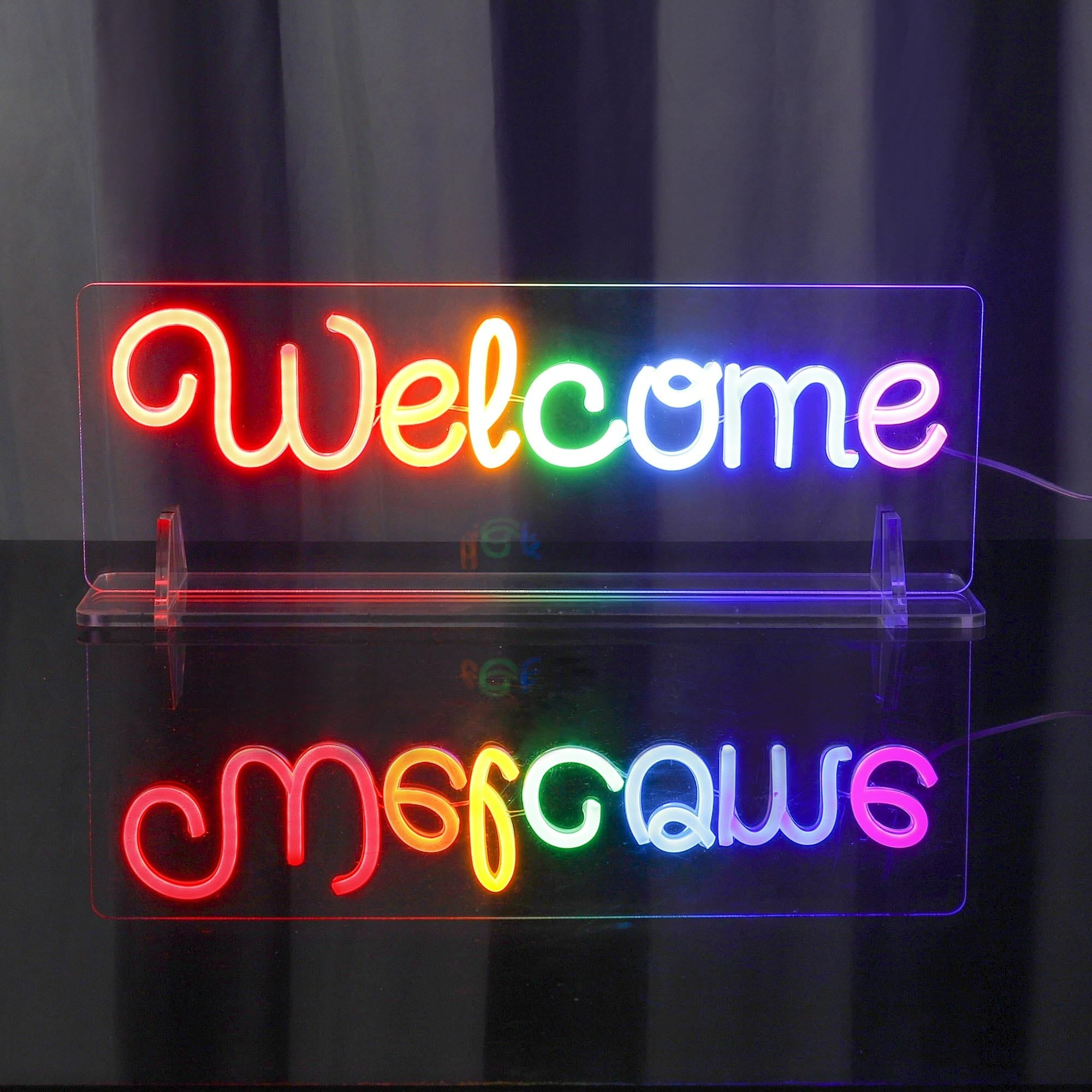 Rainbow-colored "Welcome" Neon Table Sign with Acrylic Stand