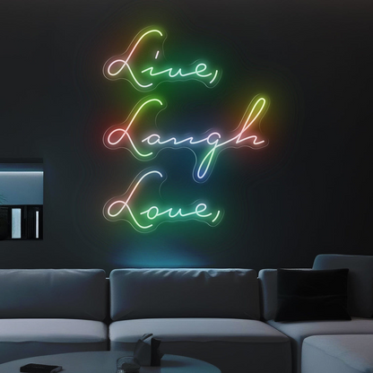 Magic LED Neon Sign with the Quote "Live Laugh Love" in Multicolor