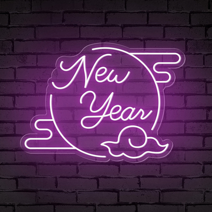 "New Year" Clouded Moon Festive Neon Sign