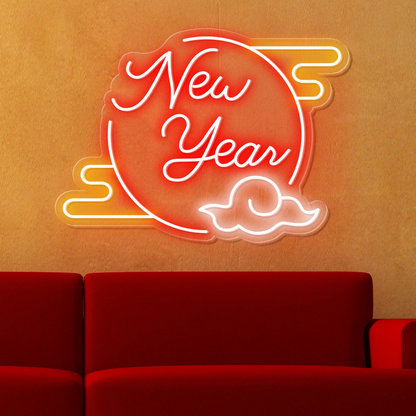 "New Year" Clouded Moon Festive Neon Sign