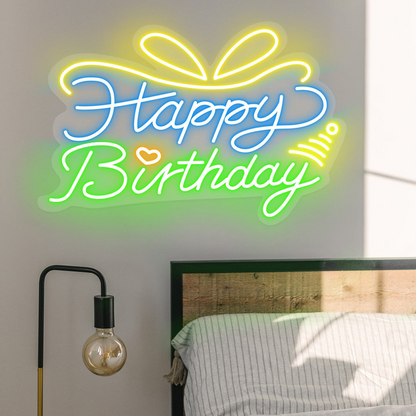 "Happy Birthday" Words & Ribbon Tie Neon Sign